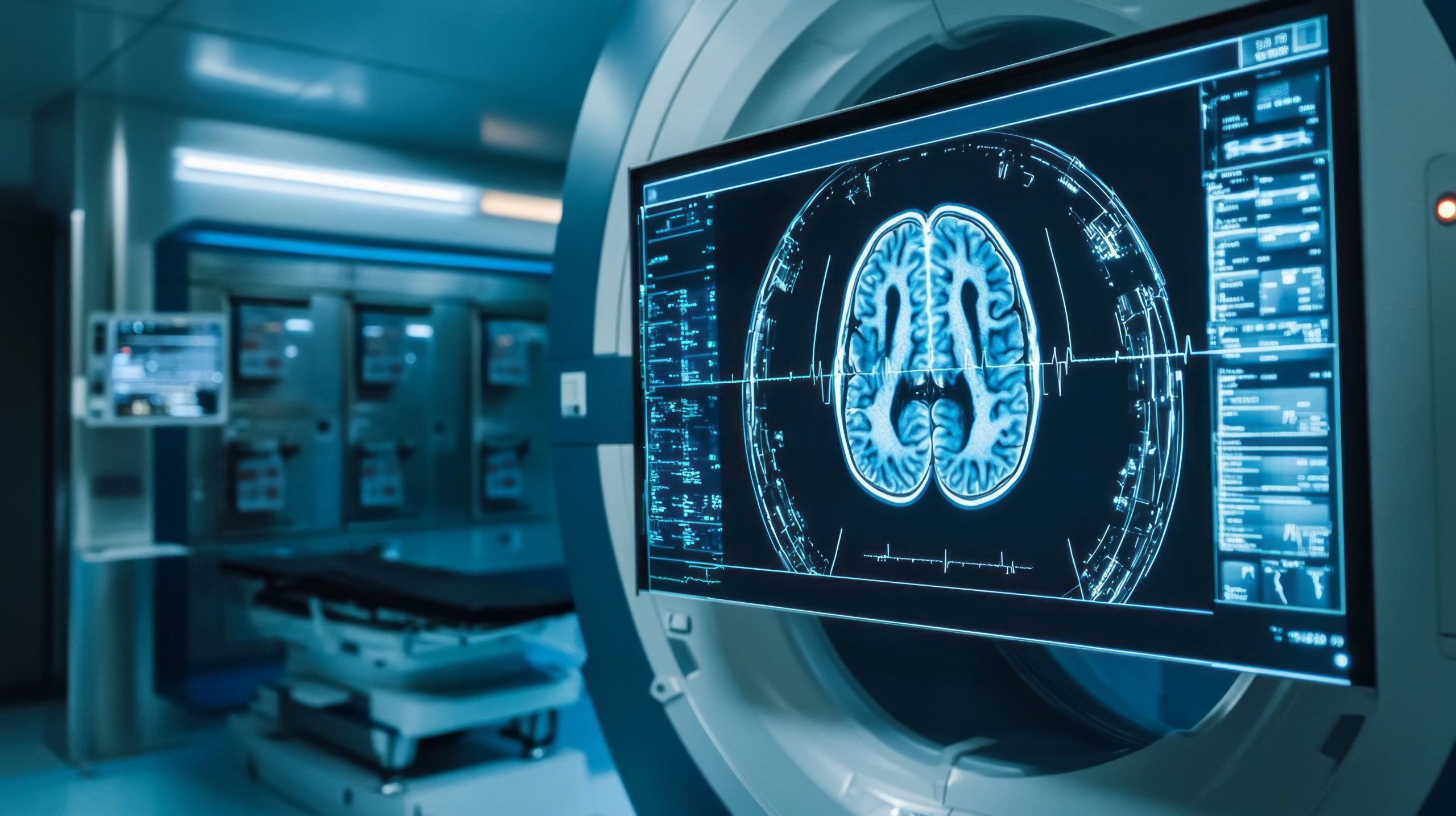 A computer monitor displays a brain scan. The image is in black and white and he is a medical image. Scene is serious and focused